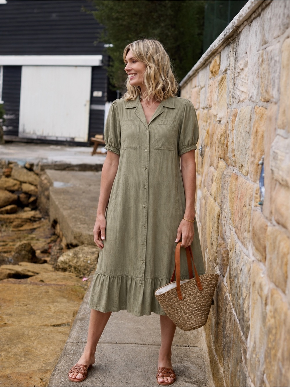Dex NWT Olive Green Button-Front Midi Military Dress Ribbed Pockets Ruffle Hem